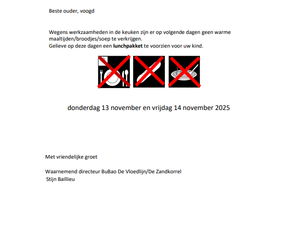Geen Warme Maaltijden, Broodjes en Soep te verkrijgen op donderdag 13 en vrijdag 14 november